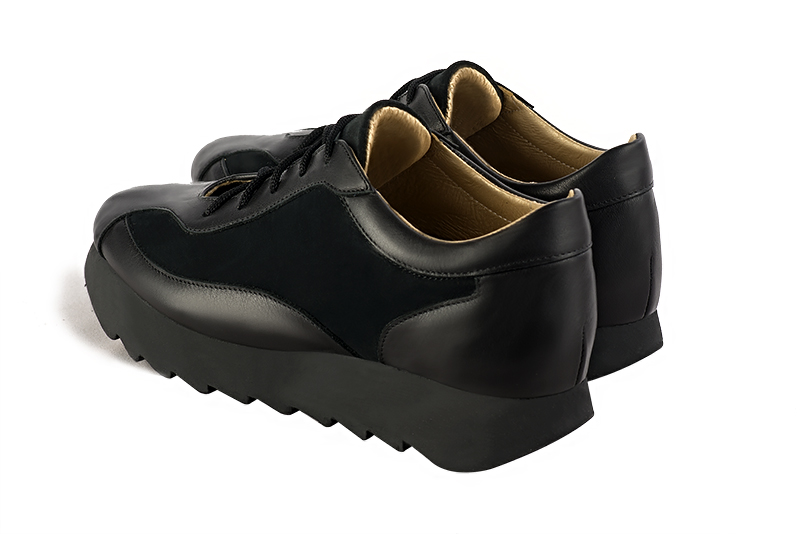 Satin black women's elegant sneakers. Round toe. Low rubber soles. Rear view - Florence KOOIJMAN